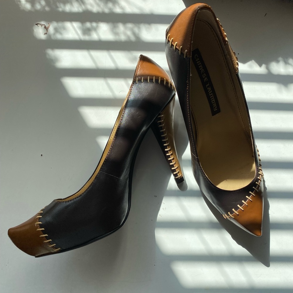 stitched patchwork detail heels